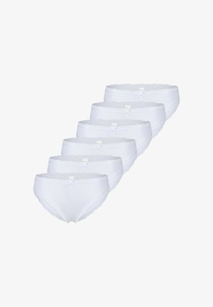 Sechs weiße Damen-Slips mit Spitzensaum und kleiner Schleife vorne, in gestaffelter Anordnung vor einem weißen Hintergrund.