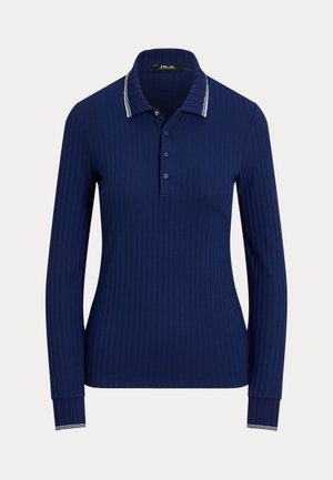Polo côtelé bleu marine à manches longues avec trois boutons et bordure blanche rayée au col et aux poignets.