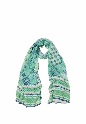 Light green and blue patterned scarf with floral and geometric designs, loosely looped on a white background.