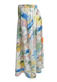 Maxi-Rock mit einem bunten, abstrakten Druck und verschiedenen Mustern; aus leichtem Stoff gefertigt, mit Falten an der Taille für ein fließendes Design.
