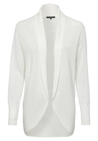 Cardigan blanc à manches longues avec une ouverture frontale, une texture côtelée et un col châle. Fabriqué dans un matériau doux et léger. Sans fermetures.