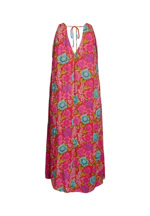 Robe longue sans manches avec un motif floral vif rose, turquoise et violet, décolleté en V profond et fermeture par lien à l'arrière du col.