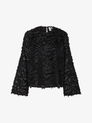 Top negru cu mâneci lungi, decolteu sacou și un material texturat cu un model floral. Materialul pare transparent, cu accente destrămate.
