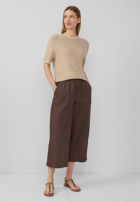 Beiger Strickpullover mit kurzen Ärmeln und runder Ausschnitt, kombiniert mit dunkelbraunen weit geschnittenen Hose mit elastischem Bund und seitlichen Taschen.