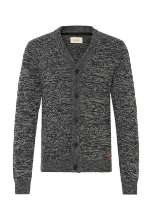 Cardigan de punto en gris oscuro jaspeado con escote en V, mangas largas, cinco botones negros en el frente y puños y dobladillo acanalados.