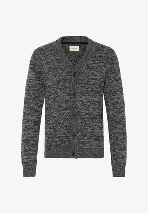 Cardigan a maglia melange grigio scuro con scollo a V, maniche lunghe, cinque bottoni neri sul davanti e polsini e orlo a coste.