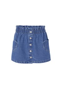 Blaue Jeansrock mit elastischem Bund, vorderem Knopfverschluss und abgerundeten Seitentaschen.