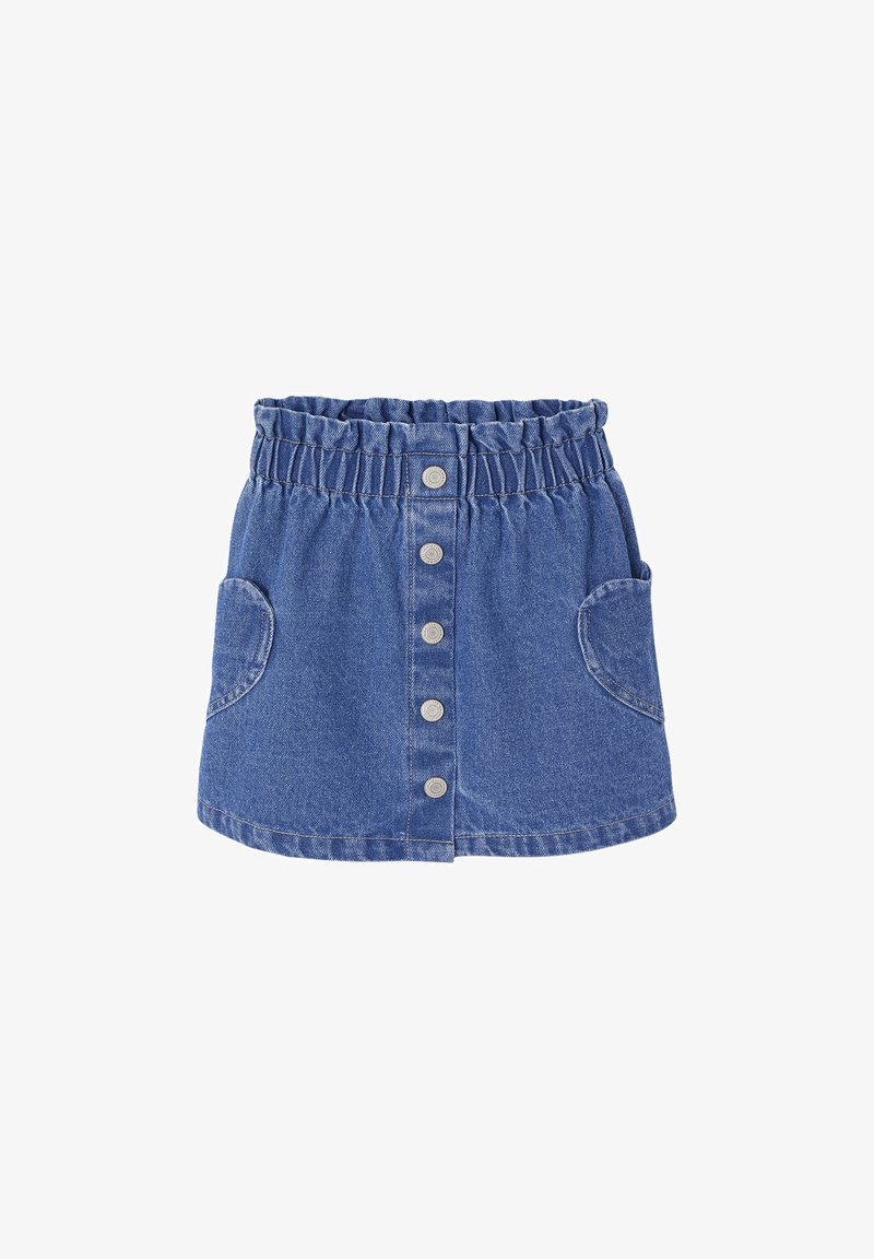 Blaue Jeansrock mit elastischem Bund, vorderem Knopfverschluss und abgerundeten Seitentaschen.