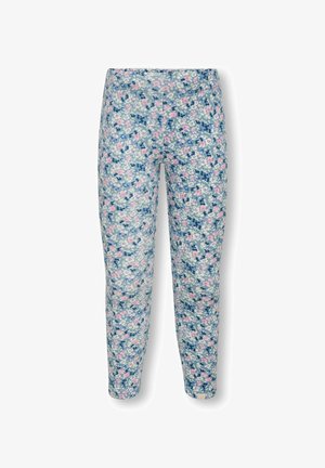 Blomstrede leggings med en blå baggrund og pink og hvide blomster, lavet af strækbart stof og skræddersyet med et tætsiddende design.