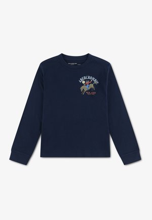 Тъмносиня риза с дълги ръкави с логото на Abercrombie и графика на човек, яздещ кон на гърдите, надписана New York.