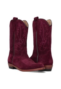 Paarse suède cowboylaarzen met bladpatroon borduursel, lage gestapelde hak en zij-trektab voor gemakkelijke instap. Glad binnenvoering.