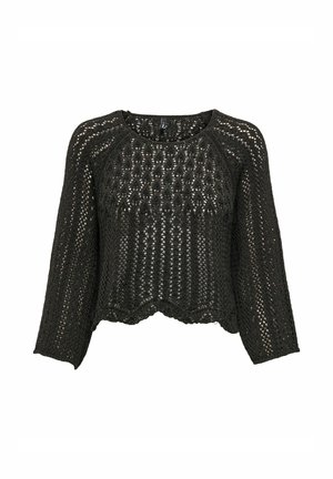 Top corto de punto negro con un ajuste holgado, mangas largas, escote amplio y un patrón de tejido abierto. El dobladillo en forma de ondas añade un detalle de textura.