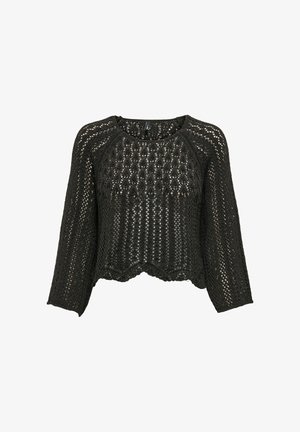 Czarny, dziany crop top o luźnym kroju, z długimi rękawami, szerokim dekoltem i otwartym splotem. Falbaniasty dół dodaje detalu teksturalnego.