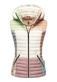 Gewatteerde mouwloze vest met een capuchon, featuring een kleurblokdesign in groen, wit, roze en blauw. Twee met rits afgesloten zijzakken.