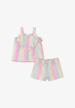 Completo due pezzi composto da un top senza maniche con una decorazione a volants a forma di cuore e pantaloni corti con vita elasticizzata. Realizzato in tessuto leggero e multicolore.