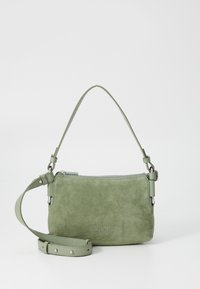 Green suede handbag with a zip closure, adjustable shoulder strap, and silver hardware accents. Smooth texture with a minimalist design.