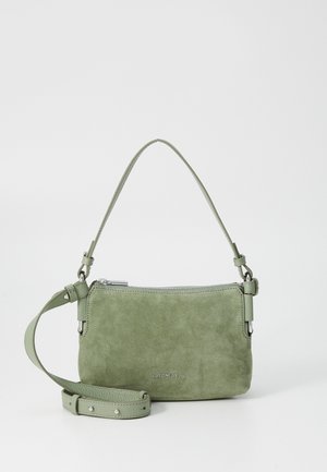 Green suede handbag with a zip closure, adjustable shoulder strap, and silver hardware accents. Smooth texture with a minimalist design.