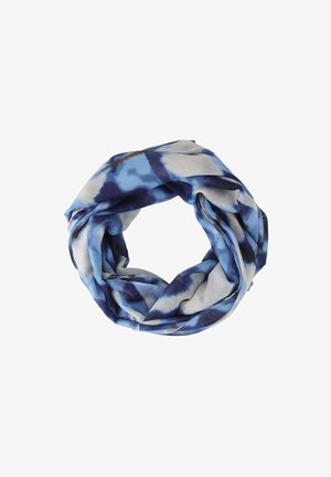 Blaue und weiße gemusterte Loop-Schal aus leichtem Stoff; zeichnet sich durch ein abstraktes, aquarellartiges Design mit verschiedenen Blautönen aus.