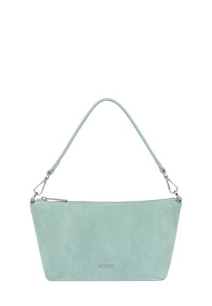 Small light green suede handbag with silver zipper and detachable handle, ROECKL logo on front center.
