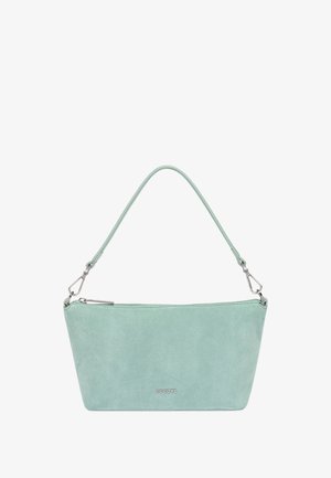 Small light green suede handbag with silver zipper and detachable handle, ROECKL logo on front center.