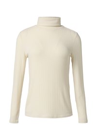 Rippstrick-Turtleneck-Oberteil in Off-White. Hergestellt aus einem elastischen Stoff, mit langen Ärmeln und einem hohen Kragen für zusätzliche Abdeckung. Nahtloses Design.