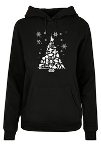 Felpa nera con un design grafico bianco di un albero di Natale composto da vari personaggi di Star Wars e accenti di fiocchi di neve.