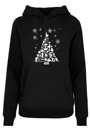 Hanorac negru cu un design grafic alb care prezintă un brad de Crăciun format din diferite personaje Star Wars și accente de fulgi de zăpadă.