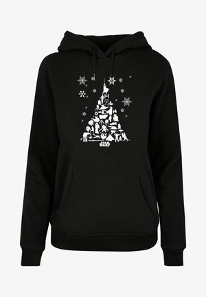 Mustapaita, jossa on valkoinen graafinen kuvasto joulupuusta, joka on koostettu eri Star Wars -hahmoista ja lumihiutaleen yksityiskohdista.