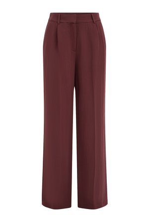 Pantalon à jambes larges de couleur bordeaux profond, confectionné dans un tissu léger et texturé. Il présente un devant plissé et des passants pour ceinture.