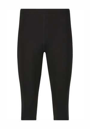 Schwarze Sportleggings aus glattem, elastischem Stoff. Lange Ausführung mit passender Silhouette und dezenter Markenkennzeichnung an der Seitennaht.