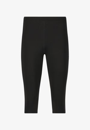 Schwarze Sportleggings aus glattem, elastischem Stoff. Lange Ausführung mit passender Silhouette und dezenter Markenkennzeichnung an der Seitennaht.