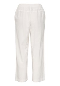 Pantalons en lin blanc avec une coupe décontractée, dotés d'une taille élastique et d'une conception à jambe droite. Texture lisse sans motifs visibles.