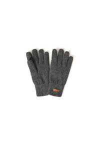 Gants tricotés gris avec un poignet côtelé et un détail en cuir. Conçus avec cinq doigts pour la dextérité et la chaleur.