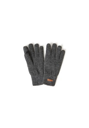Gants tricotés gris avec un poignet côtelé et un détail en cuir. Conçus avec cinq doigts pour la dextérité et la chaleur.