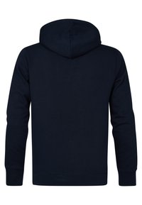 Sudadera con capucha de color azul marino, con una textura suave, de mangas largas y con puños y dobladillo acanalados, que presenta un diseño sencillo sin estampados.