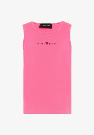 Felroze mouwloze ribgebreide tanktop met ronde hals en zwart "John Richmond"-logo in het midden op de borst.