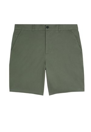 Oliven grønne shorts lavet af glat stof, med to sidelommer, en frontknaplukning og stikninger langs kanterne.