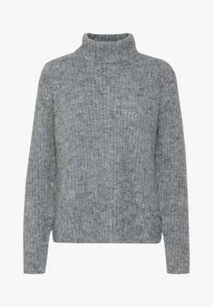 Pulover gri tricotat cu guler înalt, texturi variate și o formă pătrată. Are mâneci lungi și un tiv care se situează la nivelul taliei.