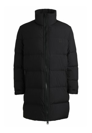 Black puffer jacket with high collar, full-length zipper, and horizontal quilted pattern; features logo on front and side pockets.