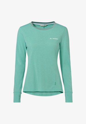 Turquoise sportief shirt met lange mouwen, duimgaten en een klein wit Vaude-logo op de linkerborst.