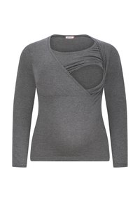 Gray long-sleeve top with a draped cross-over design at the front, made of a soft, stretchy fabric. Features an inner panel for support.