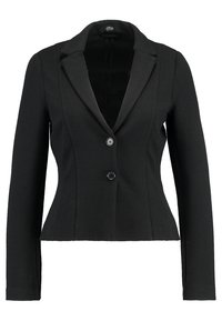 Czarna skrojona marynarka z teksturowanej tkaniny, zapinana na pojedynczy guzik, z wyciętymi klapami i długimi rękawami. Krótkie fason.