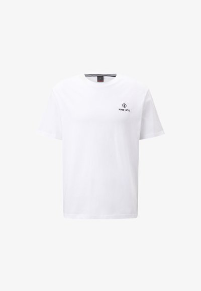 Weißes Baumwoll-T-Shirt mit Rundhalsausschnitt und kurzen Ärmeln. Zeigt ein kleines schwarzes "FIRE+ICE"-Logo auf der linken Seite der Brust.