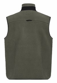 Olivengroene fleece vest met hoge kraag en zwarte afwerking, vanuit de achterkant weergegeven.