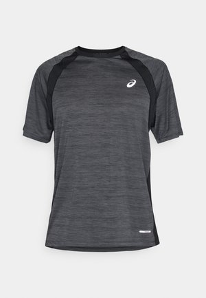 Short-sleeve athletic shirt in dark grey with black mesh accents. Features a crew neckline and lightweight, textured fabric for breathability.