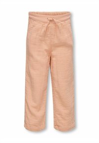  ferskenfarvede, lette, teksturerede bukser med elastisk talje og bindebånd. Løse, cropped længde med subtile syninger.