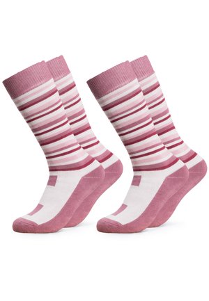 Zwei Paar knielange Socken mit rosa, weißen und roten horizontalen Streifen, mit einfarbigen rosa Fersen, Zehen und Bündchen.