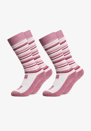 Zwei Paar knielange Socken mit rosa, weißen und roten horizontalen Streifen, mit einfarbigen rosa Fersen, Zehen und Bündchen.