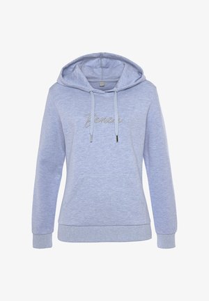 Light blue hoodie made of soft fabric, featuring a front pocket, drawstring hood, and silver embroidered text detailing.