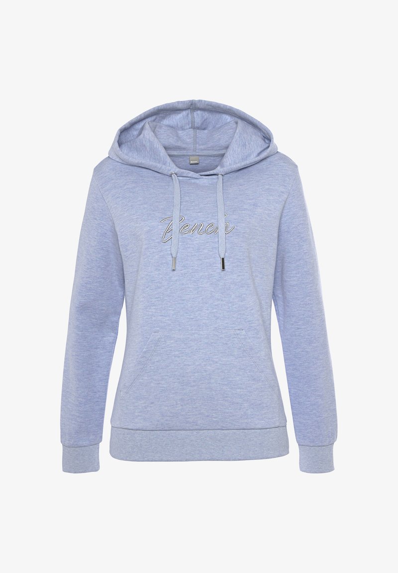 Haut à capuche bleu clair en tissu doux, avec une poche frontale, un capuchon à cordon de serrage et des détails en texte brodé argenté.